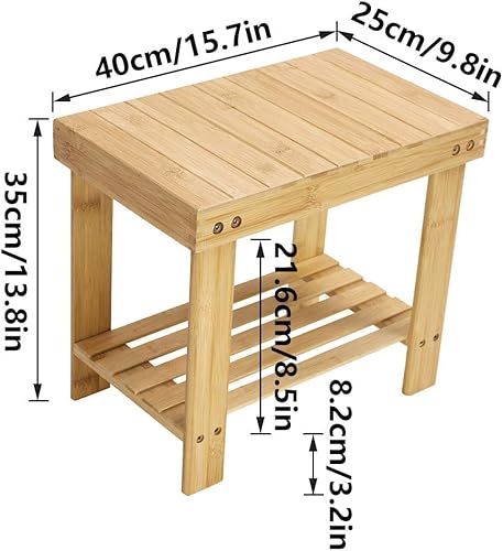 Vista 2 de KKTONER Taburete de bambú con banco de ducha de almacenamiento con estante taburete de pie para baño, sala de estar, dormitorio, color natural