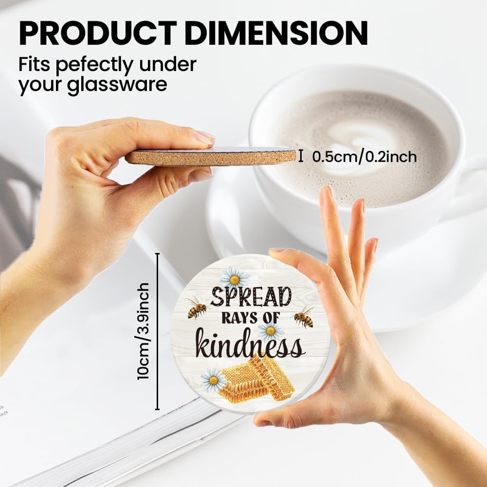 ANATTASOUL Coasters Set of 9 Bee Greeting and Flower Pattern Colorful Wooden Coasters Bulk Round Housewarming Gift for New Home, 3.9" Decorative Coffee Table Protection for Farmhouse Bar House Decor - Image 3