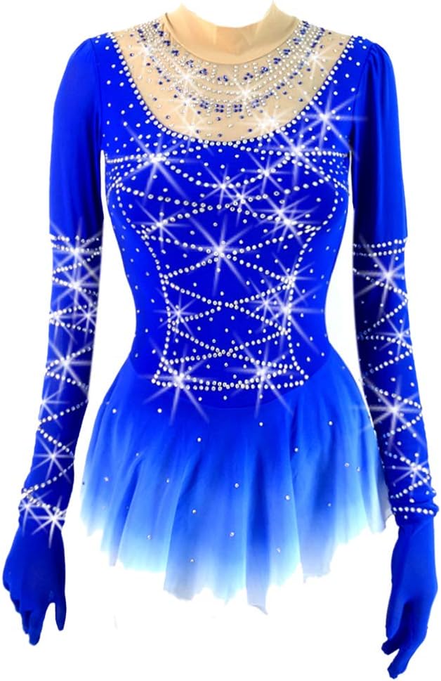 Ice Figure Skating Dress Girls Sleeved Beaded Blue Gradient Roller Skating Dress
