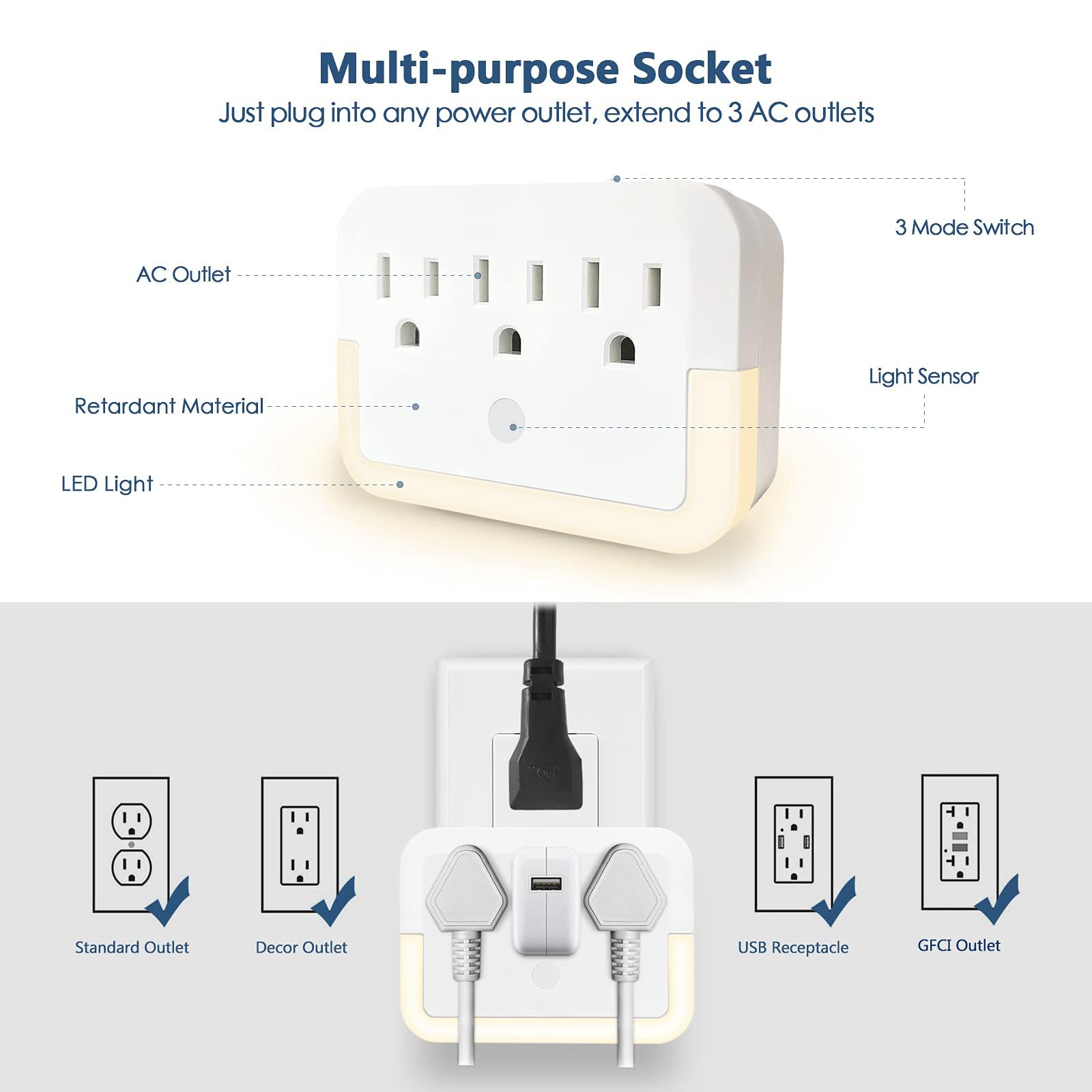 Mehrfachsteckdosenadapter, Steckdosenleiste mit Lichtsensor, Steckdosenleiste mit warmem Nachtlicht, für Zuhause, Büro, Hotel, Reisen, Weiß (1 Stück)