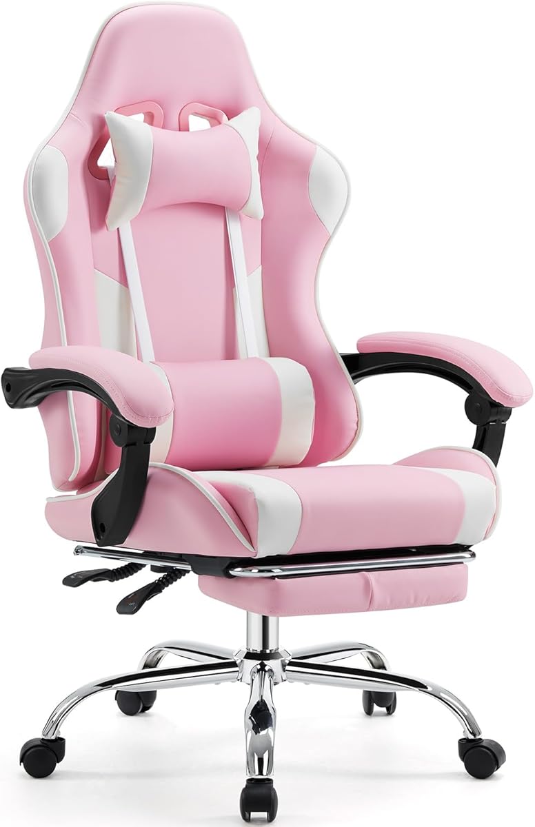 Sweetcrispy Video Game Desk Chair - Ergonomic Computer with Footrest and Comfy Lumbar Support, PU Leather Recliner with Headrest, Fixed Up Armrest, Height Adjustable with 360° Swivel, for Adults, Pink