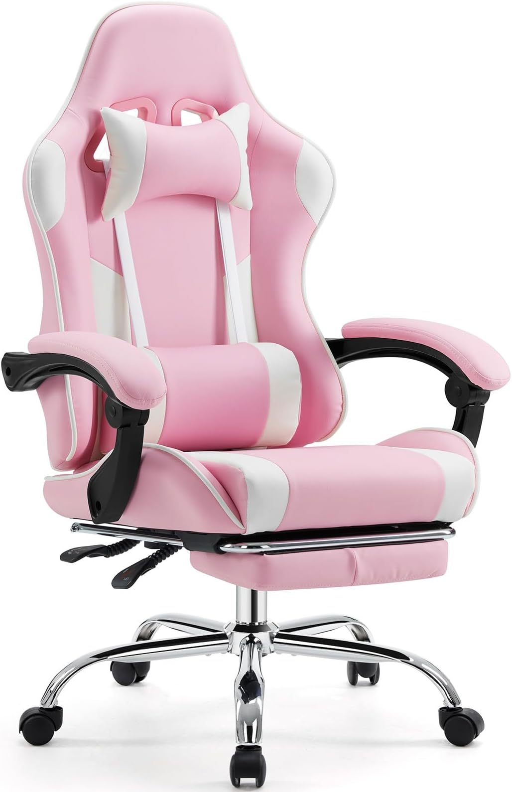 Sweetcrispy Video Game Chair - Ergonomic Lumbar Support Computer Desk with Footrest,Comfy PU Leather Recliner with Headrest, Fixed Up Armrest, Height Adjustable with 360° Swivel, for Adults, Pink