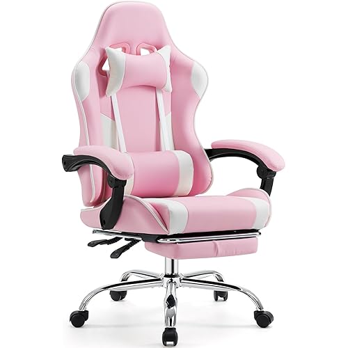 Sweetcrispy Video Game Desk Chair - Ergonomic Computer with Footrest and Comfy Lumbar Support, PU Leather Recliner with Headrest, Fixed Up Armrest, Height Adjustable with 360° Swivel, for Adults, Pink