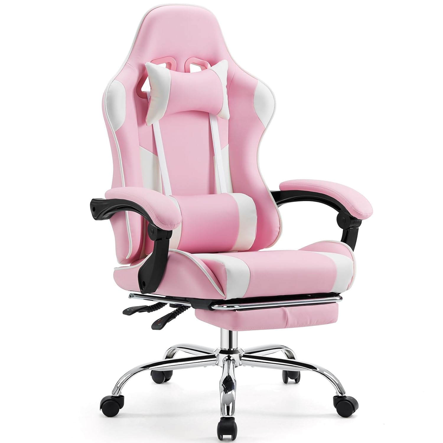 Sweetcrispy Video Game Desk Chair – Ergonomic Computer with Footrest and Comfy Lumbar Support, PU Leather Recliner with Headrest, Fixed Up Armrest, Height Adjustable with 360° Swivel, for Adults, Pink