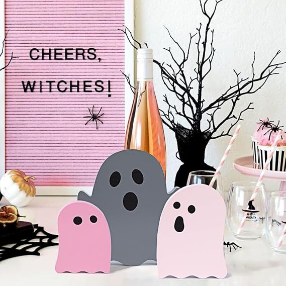 3Pcs Halloween Decorations,Cute Ghost Pink Office Decor,Halloween Tiered Tray Decor Wood Plank Signs Fall Decorations for Home,Holiday,Kid's Gift