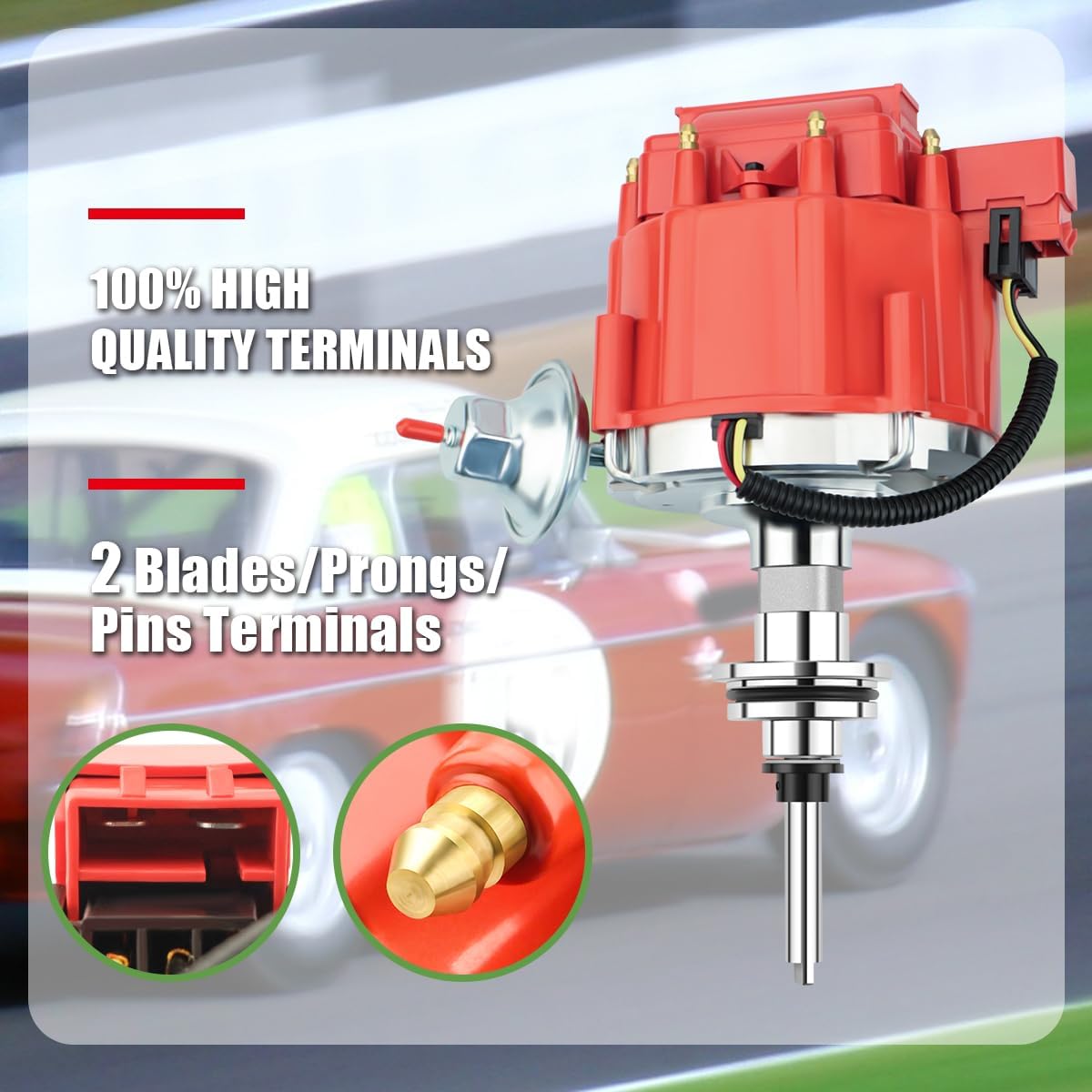 MAS Red Cap HEI Distributor&Spark Plug Wires&Free Pig Tail Kit Replacement for Chrysler LeBaron Dodge Plymouth V8 273 318 340 360 7500 RPM 65K Coil Red Hei Kit