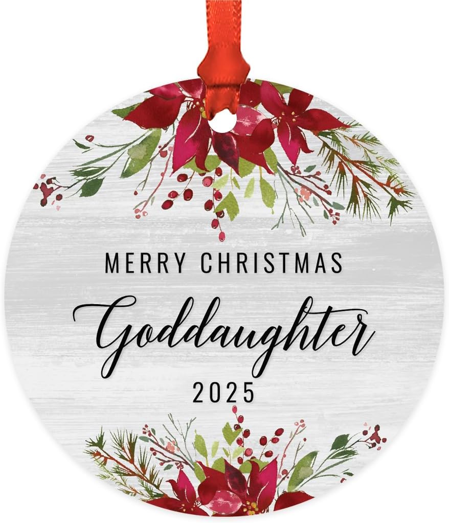 Andaz Press Custom Year Round Metal Christmas Ornament, Farmhouse Rustic Gray Wood Deep Red Poinsettia Flower, Merry Christmas Goddaughter 2026 1-Pack Includes Bag And Ribbon Goddaughter Ornament 2026