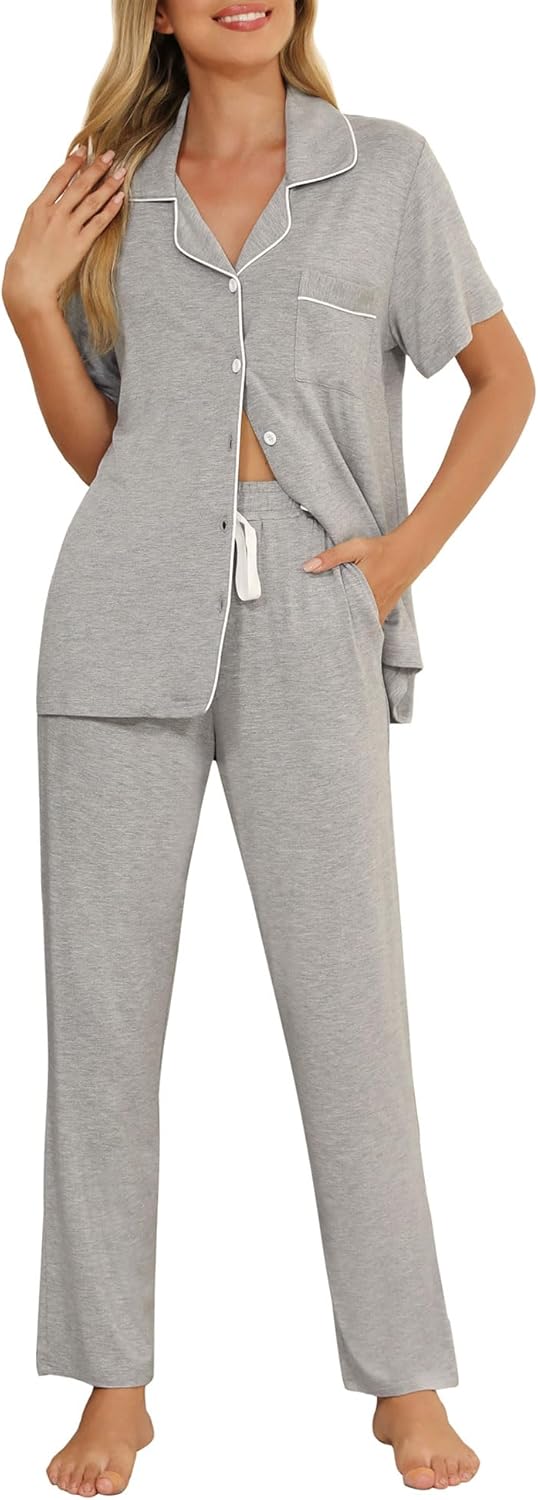 Senert Women Pajamas Set Short Sleeve Sleepwear Button Down Shirt with Long Pants Fall Lounge Sets Soft Pjs Nightwear S-XXL