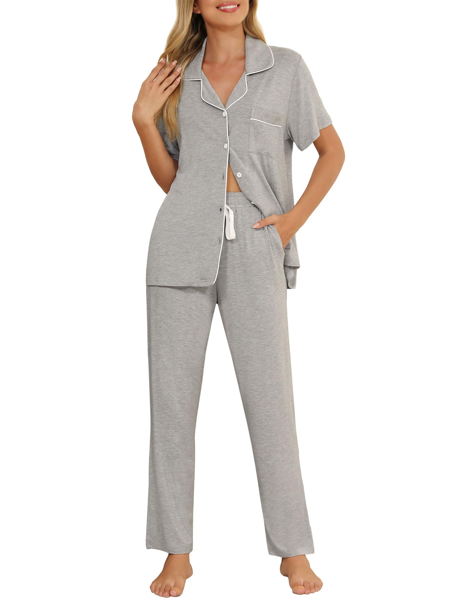 Senert Womens 2 Piece Pajamas Set Button Down Top and Pants Soft Sleepwear | Short Sleeve Lounge Sets with Pockets, Maternity/ Nursing /Postpartum Pjs Set, Bride Pjs Set for All Seasons