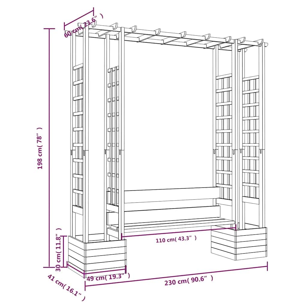 Pérgola de pino macizo con banco y dos macetas para plantas trepadoras, arco de jardín impregnado como zona de estar