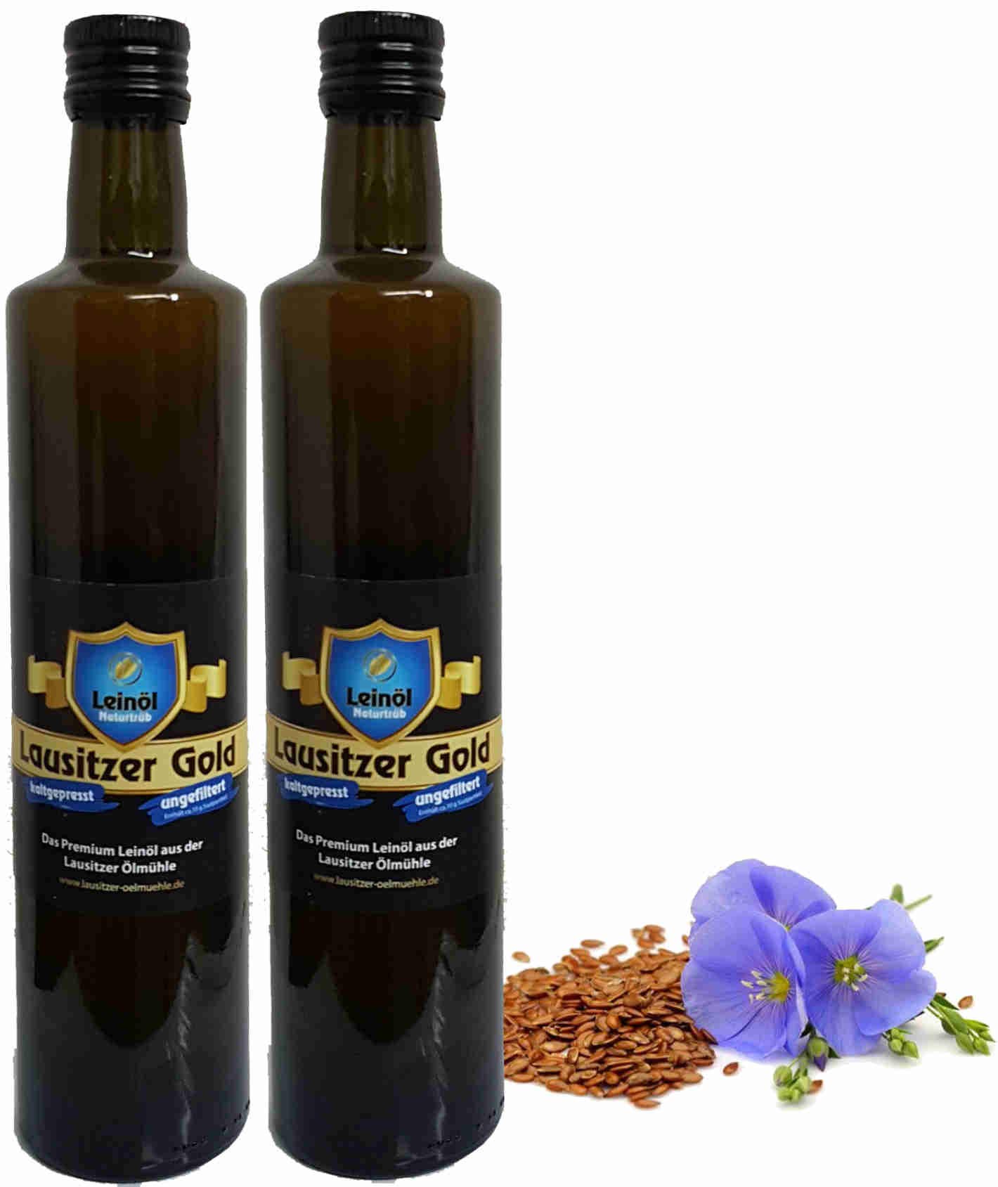 Leinöl Lausitzer Speiseleinöl Lausitzer Gold 2 x 500 ml ungefiltertes Premium Leinöl kaltgepresst und frisch abgefüllt