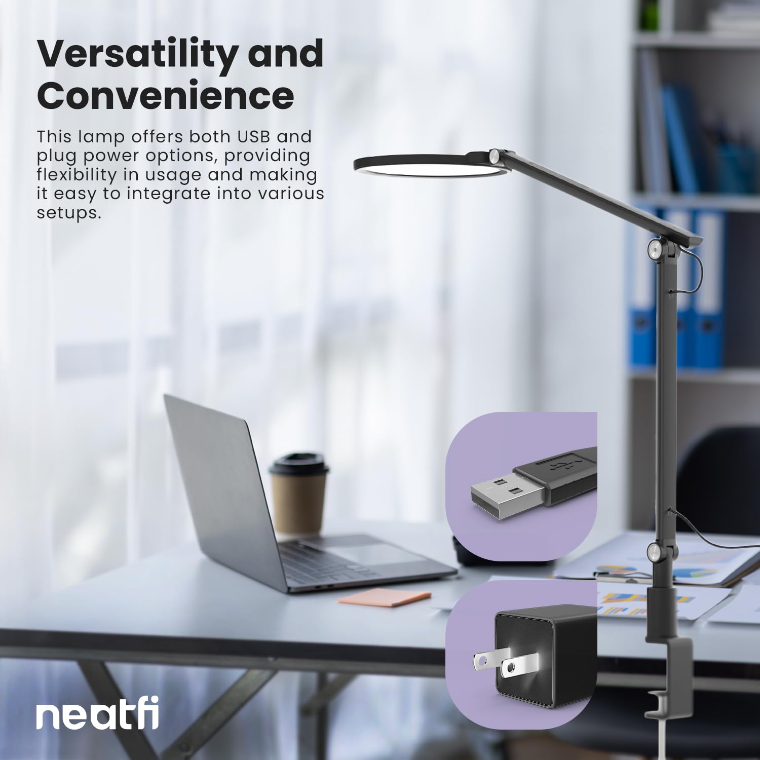 Neatfi Lámpara de escritorio LED moderna, 5 niveles de brillo, 3 modos de luz, 3100-6400K, control táctil, funcionamiento mediante USB/enchufe, iluminación para zoom y cámara web (Con Abrazadera)