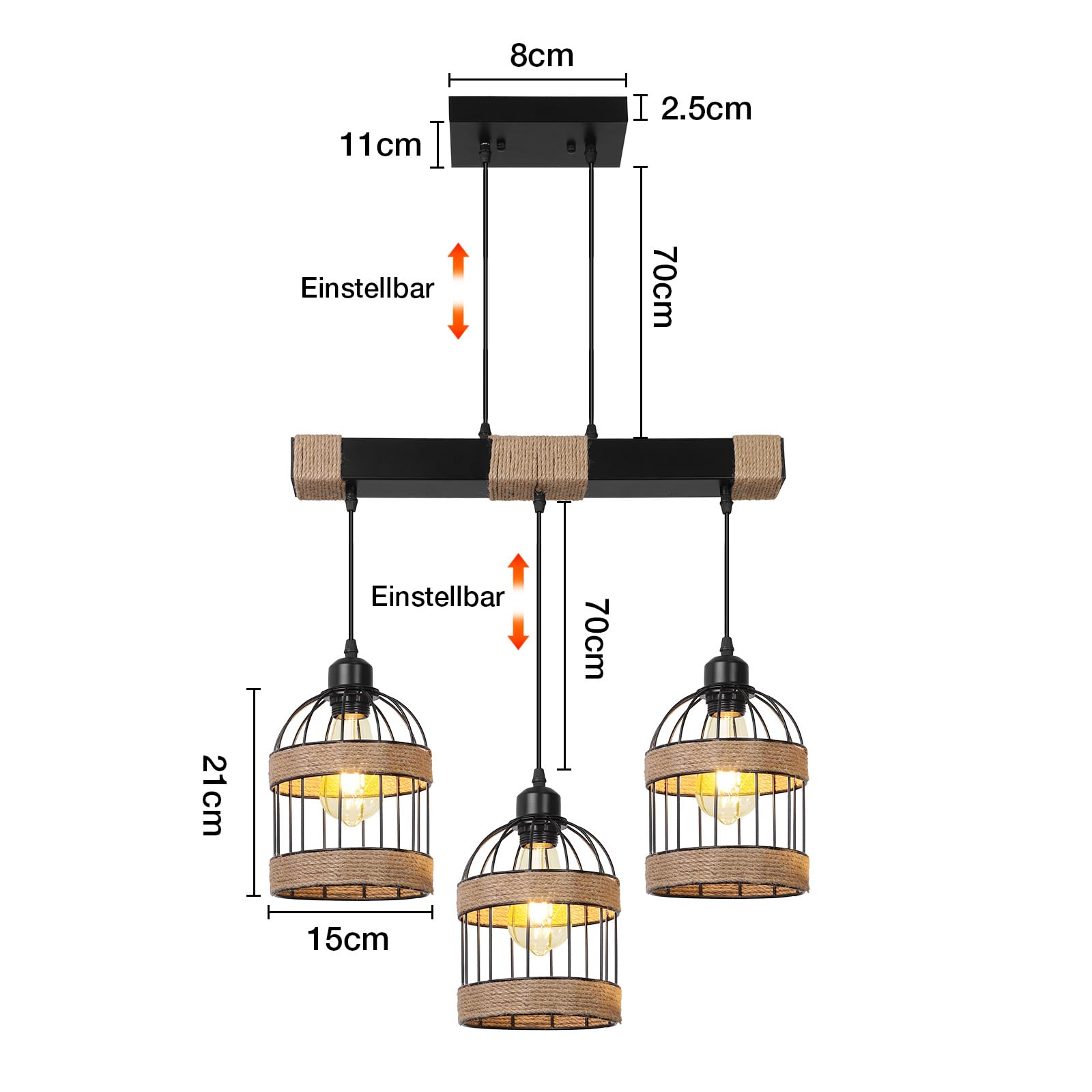 Pendelleuchte Esstisch 3-Flammig Höhenverstellbar,Schwarz Hängelampe Vintage mit Eisenkäfig,E27 Hanfseil Hängeleuchte Esstischlampe Hängend für Küche,Wohnzimmer,Esszimmer,Café