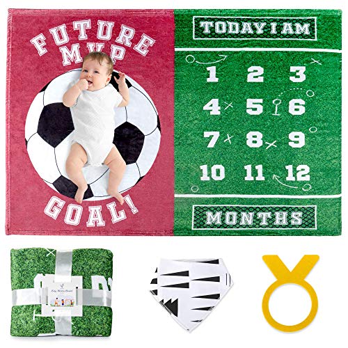 Image of SUKOON Monthly Milestone Blanket for Baby Boy/Girl | Soccer Theme | Includes Frame and Bib | Large | 47"x40" | Personalized Baby Month Blanket for Newborn Baby Shower