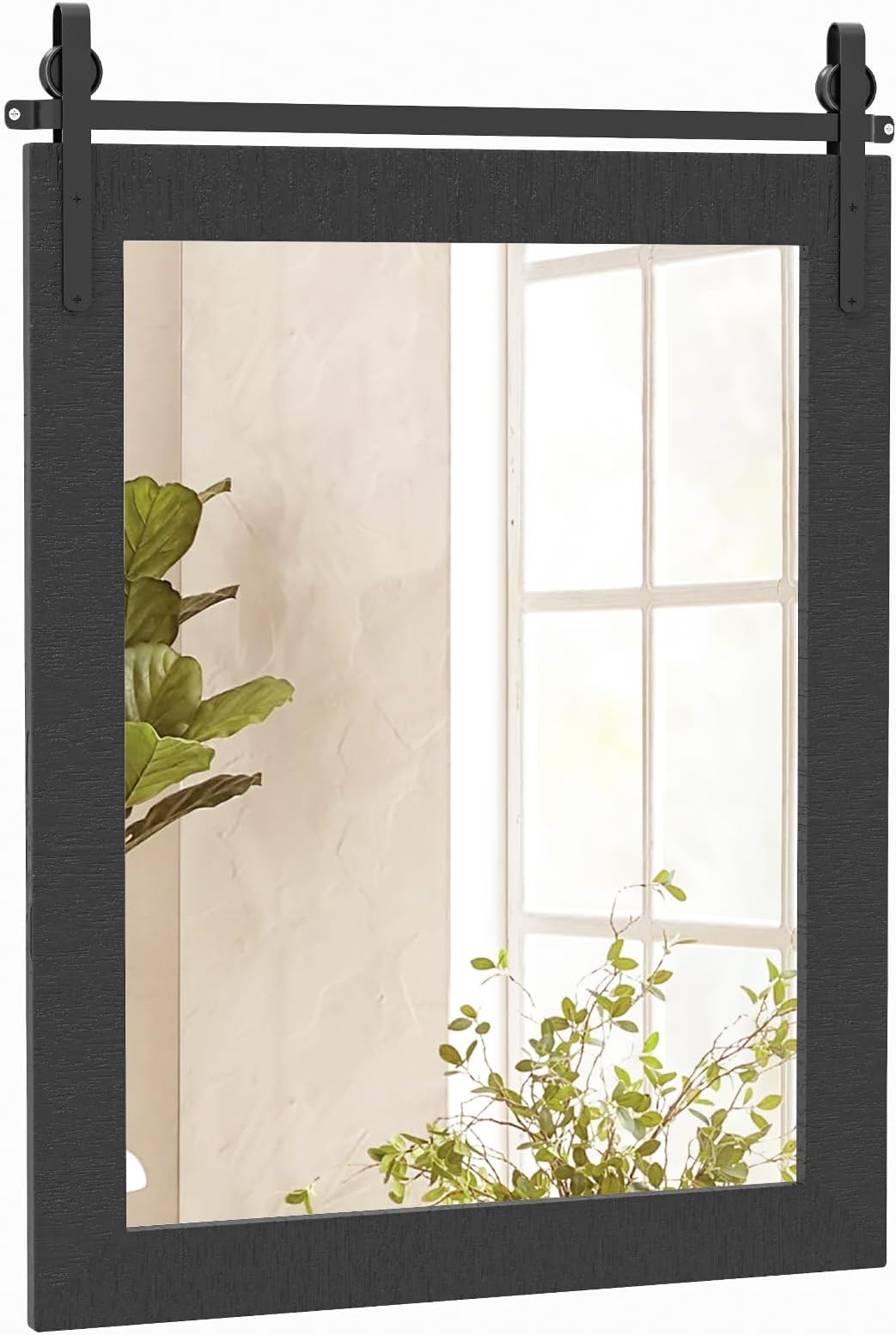 CASART Decorative Wall Mirror, Rustic Farmhouse Wall Mounted Hanging Mirror, Explosion-proof Barn Door Style Rectangle Vanity Mirror for Living Room Bedroom Bathroom Dressing Room (Black, 76 x 55cm)