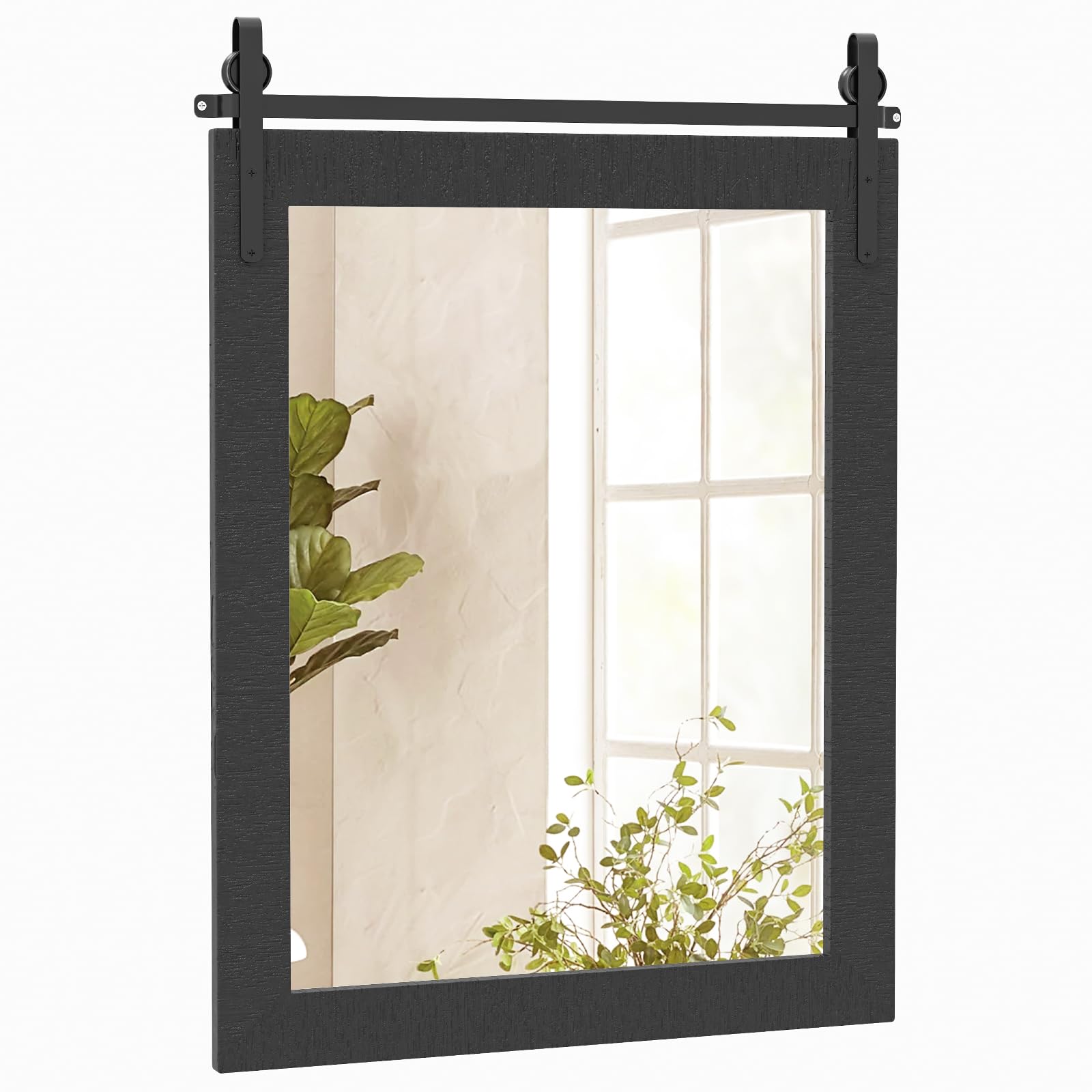 CASART Decorative Wall Mirror, Rustic Farmhouse Wall Mounted Hanging Mirror, Explosion-proof Barn Door Style Rectangle Vanity Mirror for Living Room Bedroom Bathroom Dressing Room (Black, 76 x 55cm)