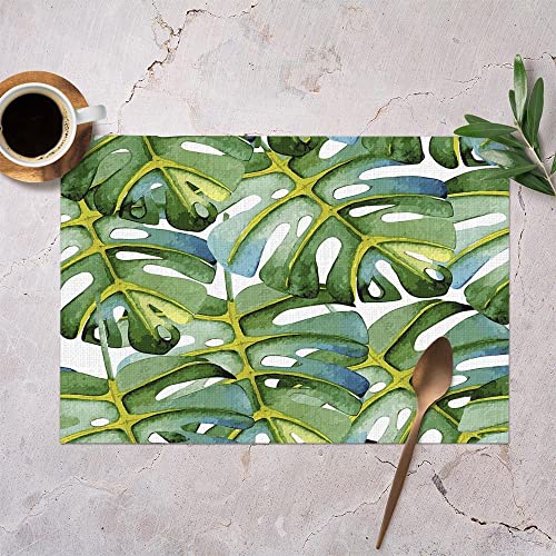 Yibeas Large Green Leaf Placemats For Kitchen Dining Table Set Of 4 Palm,Tropical Plant,Foliage,Watercolor Table Mats Linen Washable Heat Resistant Place Mats 12 X 18 Inch #TOP1