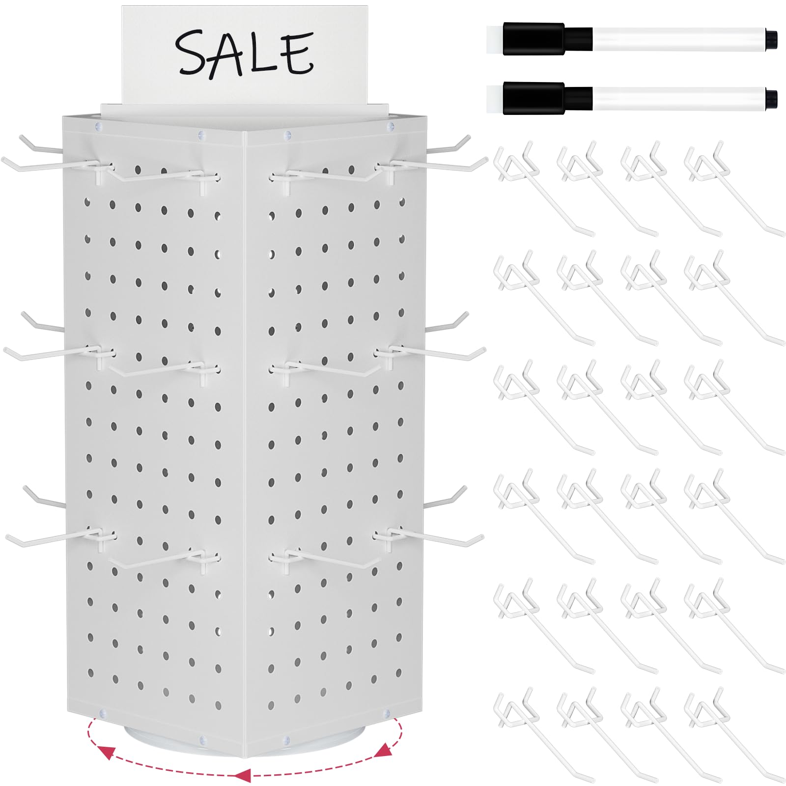 SIBRANT Rotating Pegboard Display Stand With 24 Hooks ,Spinning Peg Board Displays,Tabletop Metal Pegboard Shelf for Craft Shows & Fairs, Retail Stores, Vendors Arts and Crafts (White)