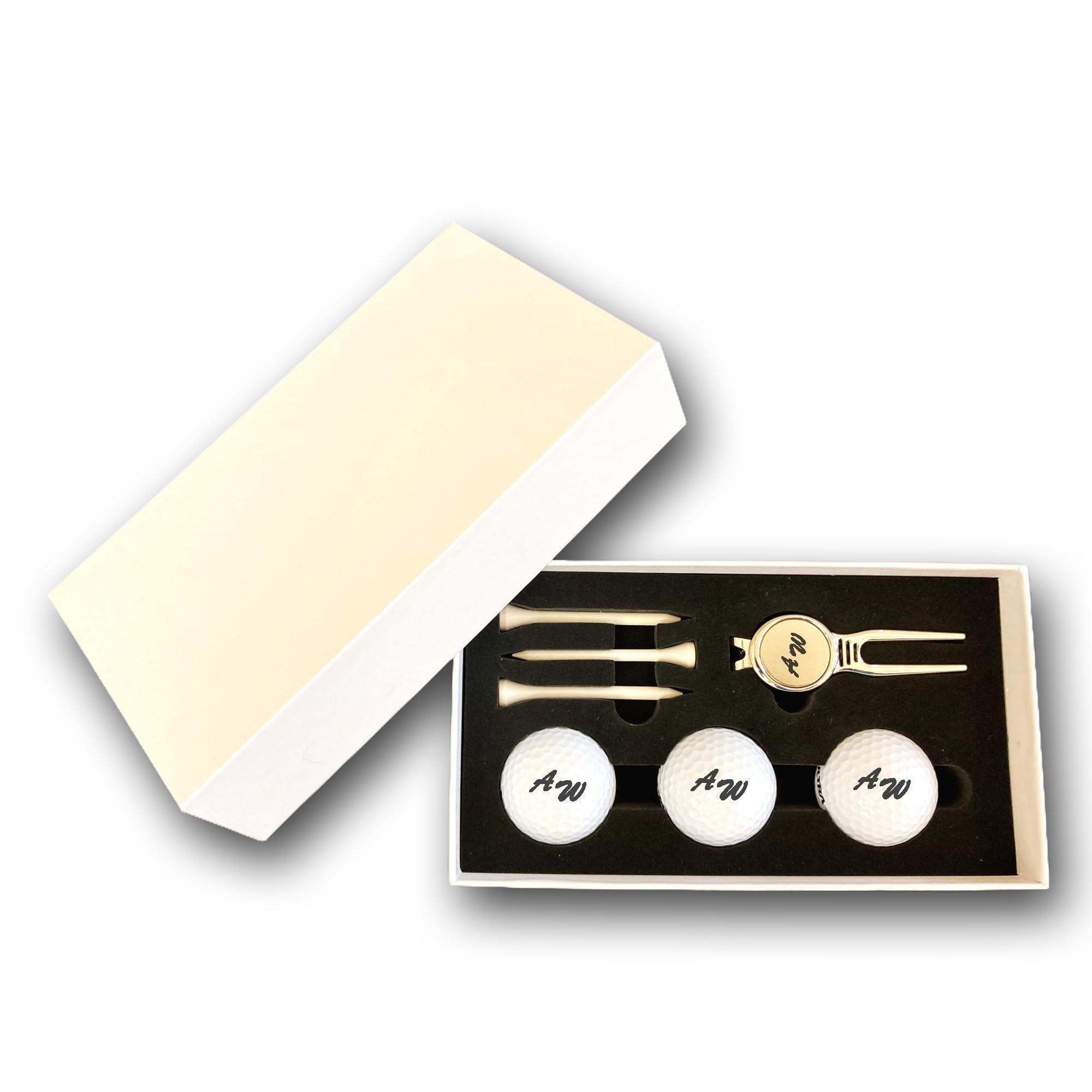 Golfball Set mit Gravur Initialen personalisiert 3 Wilson Golfbälle Pitchgabel und 3 Tees in Geschenkbox weiß Wunschtext Geschenk Golfer/in