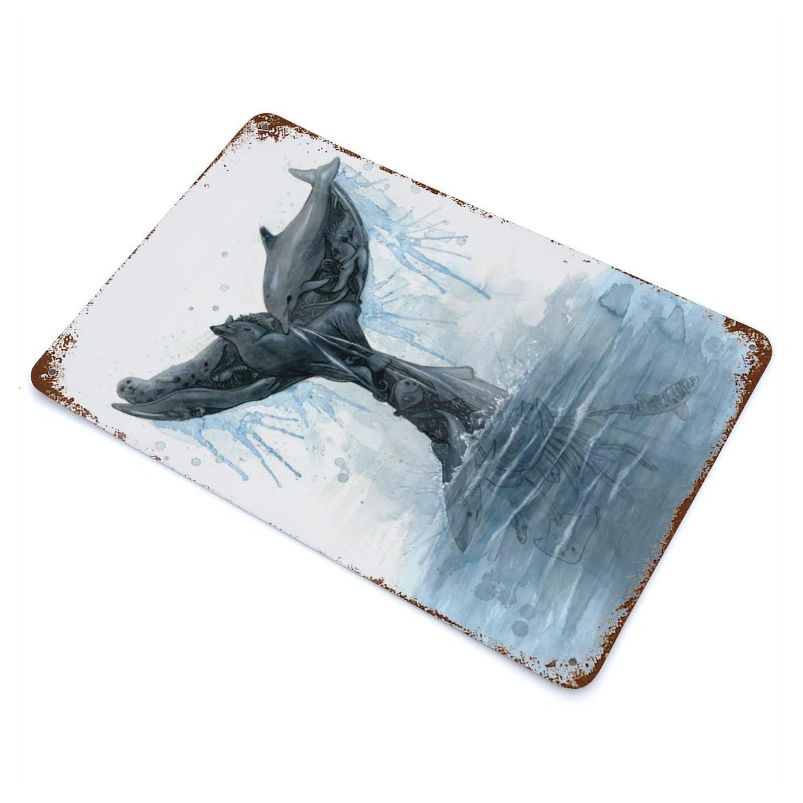 Distressed Metal Wall Sign with Whale Fluke Collage Design 11.8"x7.9", for Farmhouse, Kitchen And Entryway Decor, Old School Wall Decor