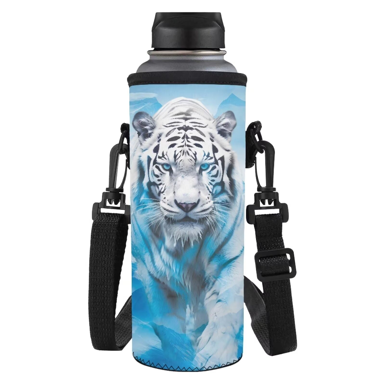 HUGS IDEA Animal White Tiger 3D Printed Neoprene Bottle Sleeve Case Bag with Shoulder Strap, Insulated Bottle Cover Pouch for Kids