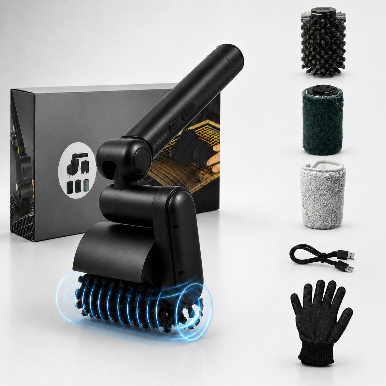 Brosse à Barbecue électrique Pliable Rotation 360° 2 Vitesses Batterie 4000mAh Recharge USB-C 3 têtes de Nettoyage interchangeables Nettoyeur de Barbecue sans Fil pour gaz Charbon