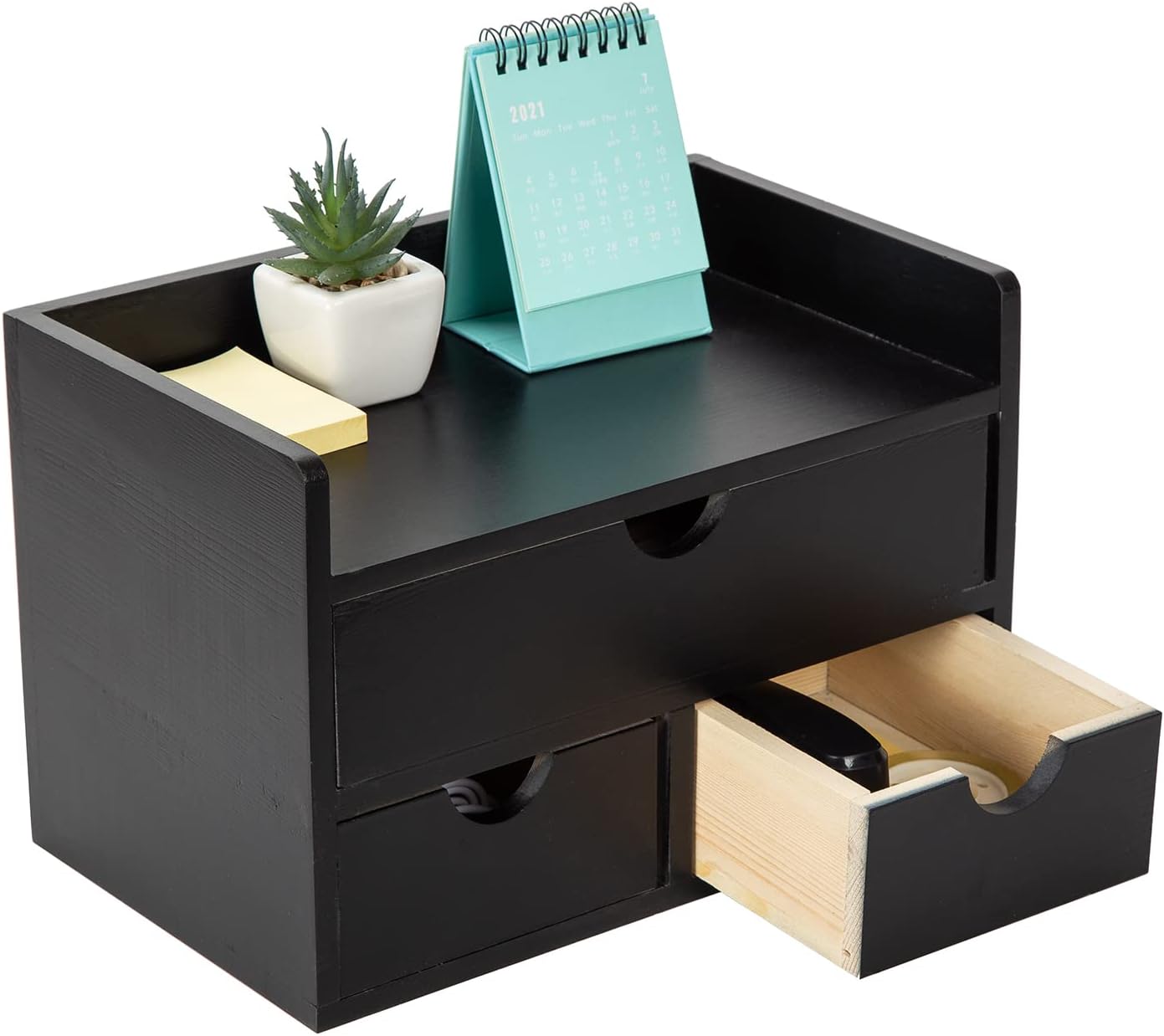 Black Bamboo Desk Organizer Wooden Storage Cabinet 3 Drawers with Shelf Tabletop Organization Box Home Office Workspace Bathroom Toiletries Supplies Caddy Vanity Makeup Stationery Holder