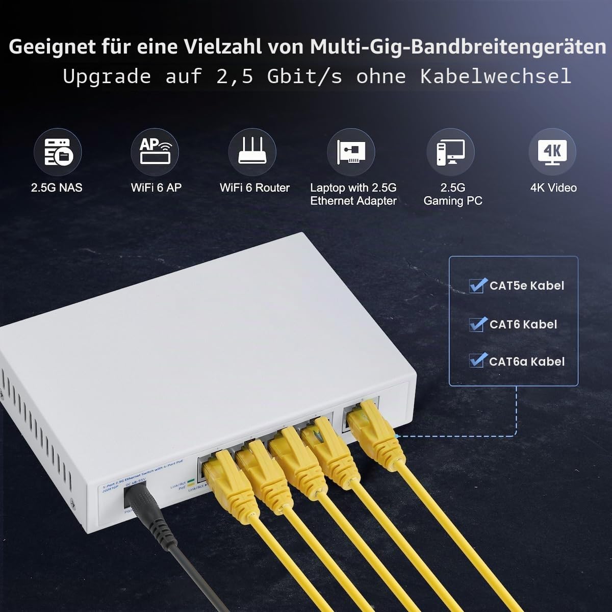 5-Port-2,5-Gigabit-PoE-Switch, 4 x 2,5G-PoE+-Ports + 1 x 2,5G-Uplink, YuLinca 2500 Mbit/s Unmanaged Desktop Switch, IEEE 802.3bz/at/af-konform, Auto MDI/MDIX, Plug & Play