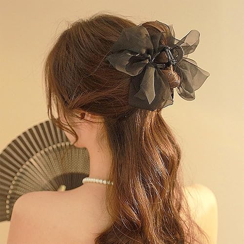 Miniatura 6 de Pinzas para el cabello con lazo de tul de malla negra, pinzas de gasa grandes para cabello grueso de mujer, accesorios elegantes para el cabello