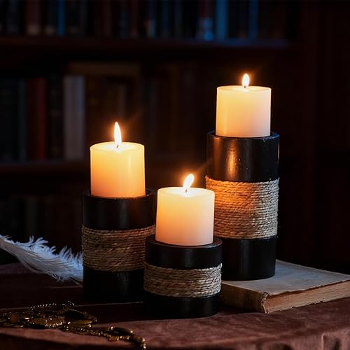 Miniatura 7 de Portavelas de madera, 3 portavelas rústicos para velas de pilar, portavelas decorativos con acento de cuerda natural, portavelas de madera