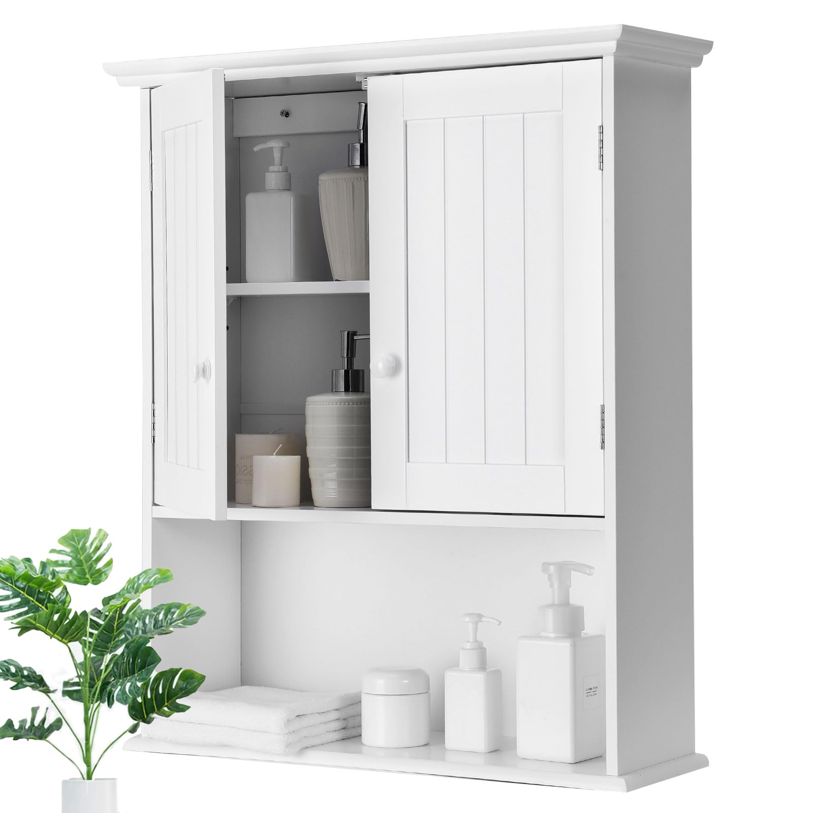 DREAMADE Space-Saving Wall-Mounted Cabinet, Medicine Storage Cabinet for Bathroom with 2 Doors, Adjustable Shelf and Open Compartment, Rounded Handle, 8