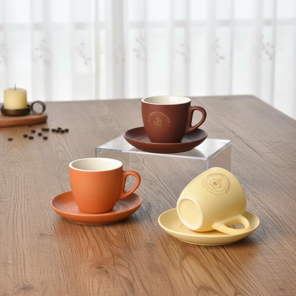 Deconox Porselen Fincan ve Tabak Seti 200 ml - Özel Kutulu Asorti Renkli (Pastel Tonlar) Altın Yaldız Detaylı Hediyelik Fincan (1 Kişilik)