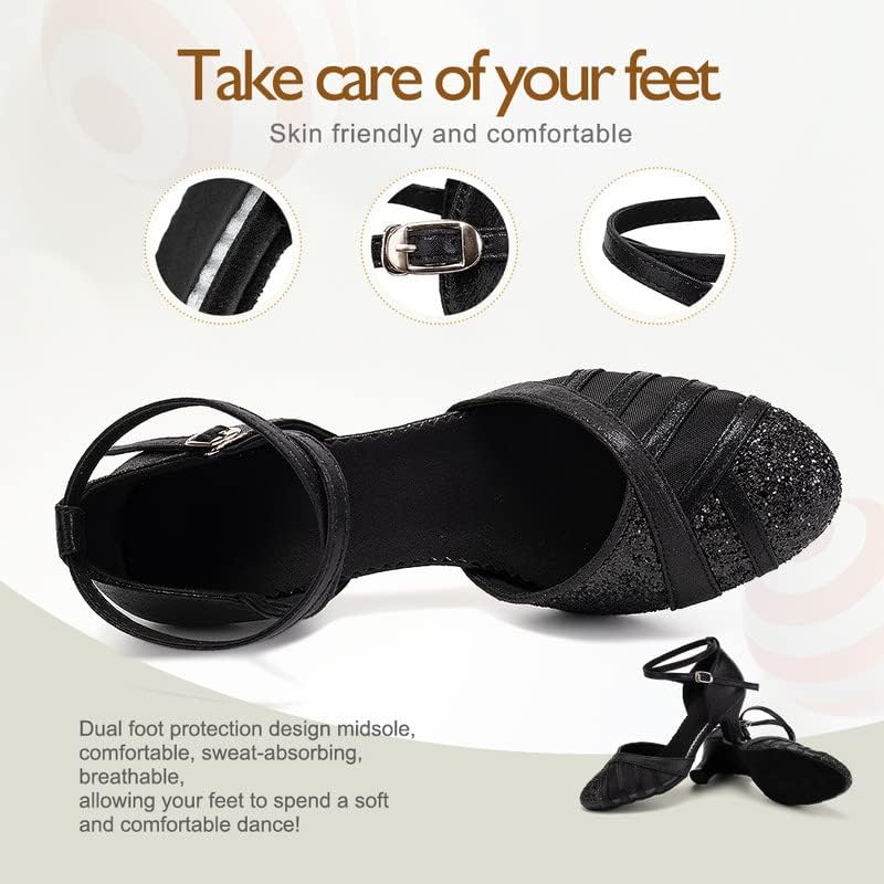 TINRYMX Womens Latin Dance Shoes Sequin Mesh Ballroom Salsa Tango Party Wedding Dance Shoes, DY105-Black-5.5cm-Suede Sole,5.5 US - Image 3