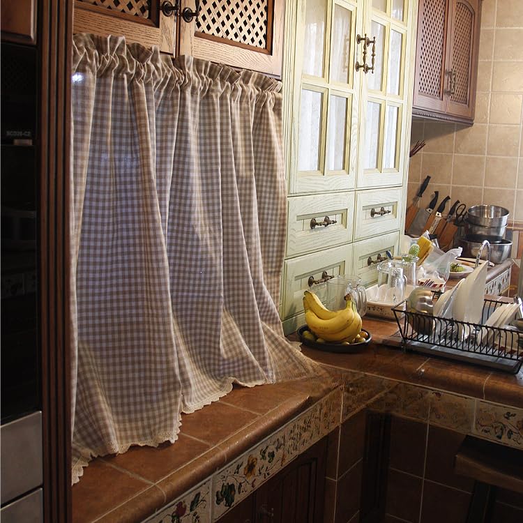 Firany Cafe Net - Kwiatowe firany kuchenne na okna Firany Cafe, Małe firany okienne do łazienki lub przyczepy kempingowej, Przezroczyste rustykalne firany kuchenne z lnu (110x130cm/43,31x51,18 cala)