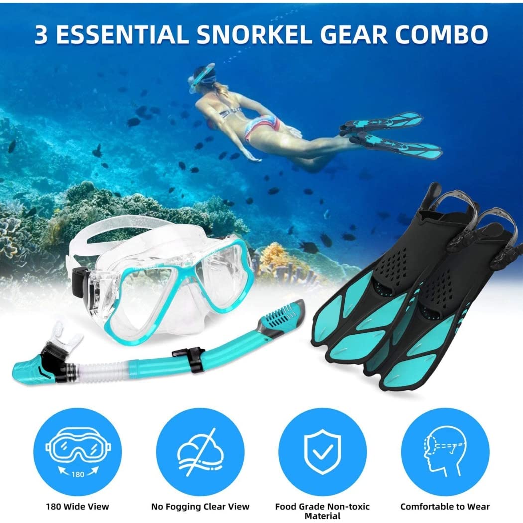 Tauchmaske Schnorchelset - Silikon Anti-Fog Brille mit Atemschlauch und Flossen für Erwachsene