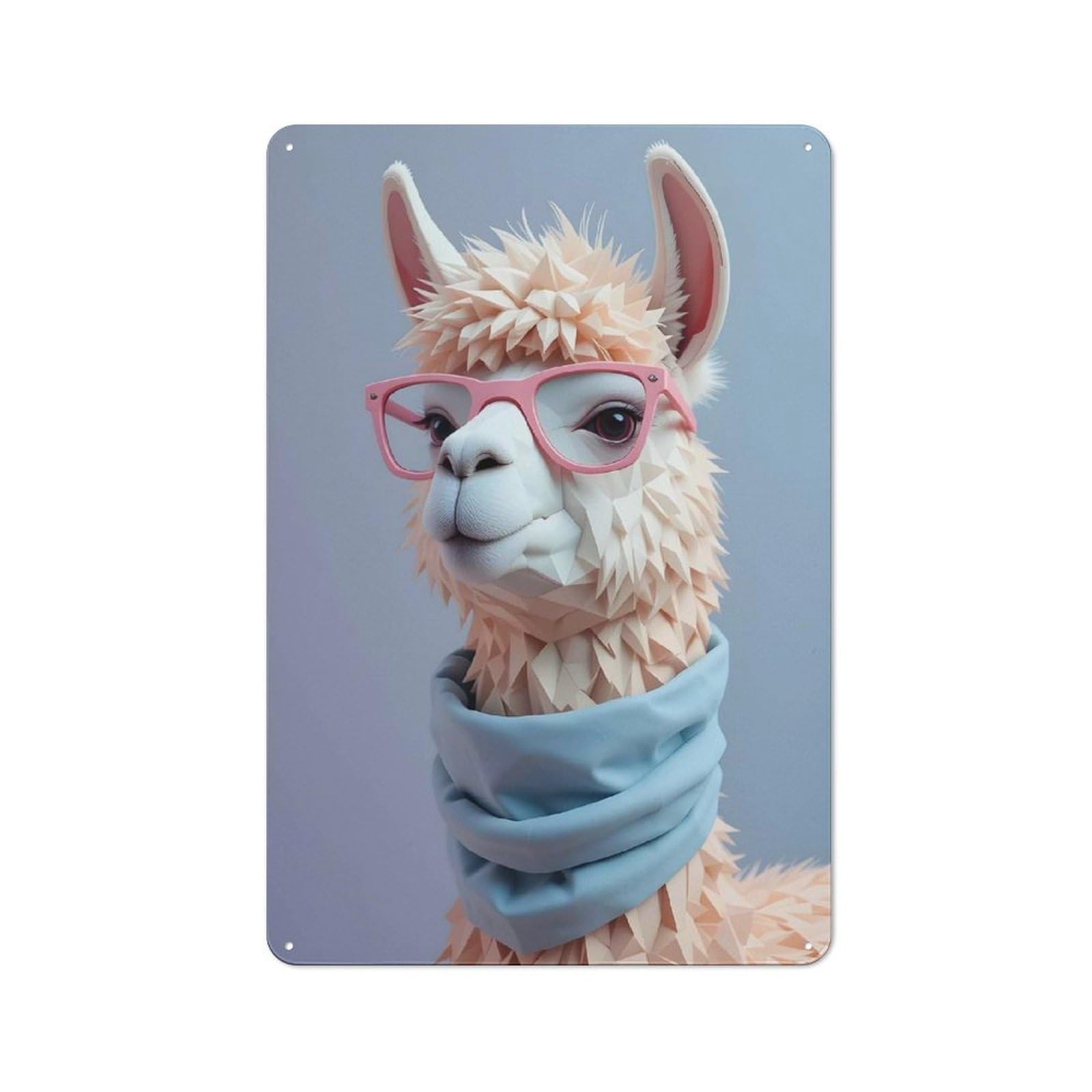 Junmoney Style-10 Tin Wall Plaque 30X20cm With Minimalist Polygonal Llama With Glasses And Scarf For Hallway Wall, Suited To Wall Displays In Hallways And Entrance Areas