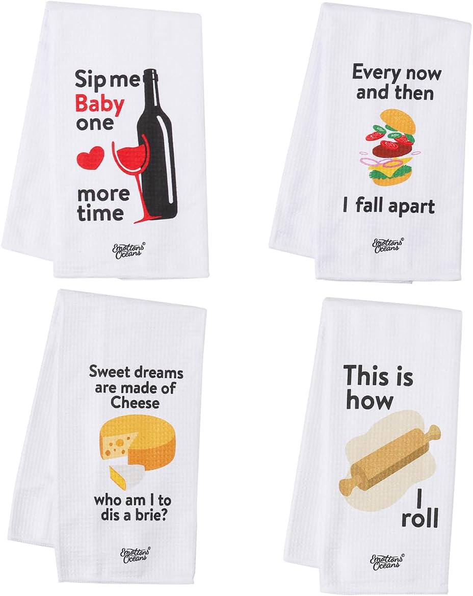 LEADO Kitchen Towel Sets of 4, Waffle Hand Towels Funny