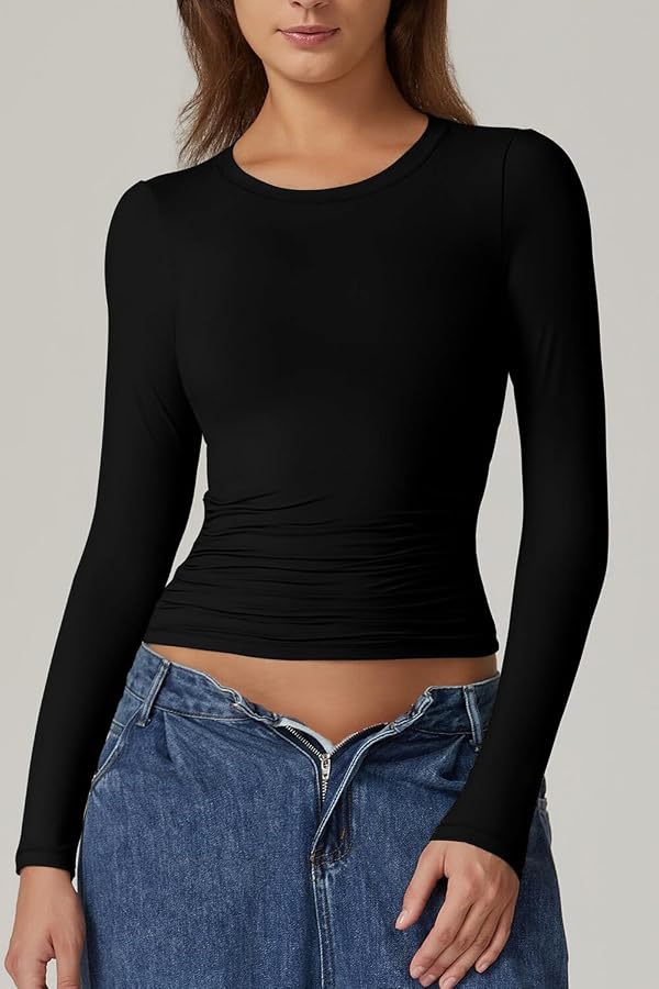 QINSEN Long Sleeve Shirts for Women Round Neck Basic Double Lined Tees Fitted Crop Tops Black M by QINSEN - Used condition - Image 7