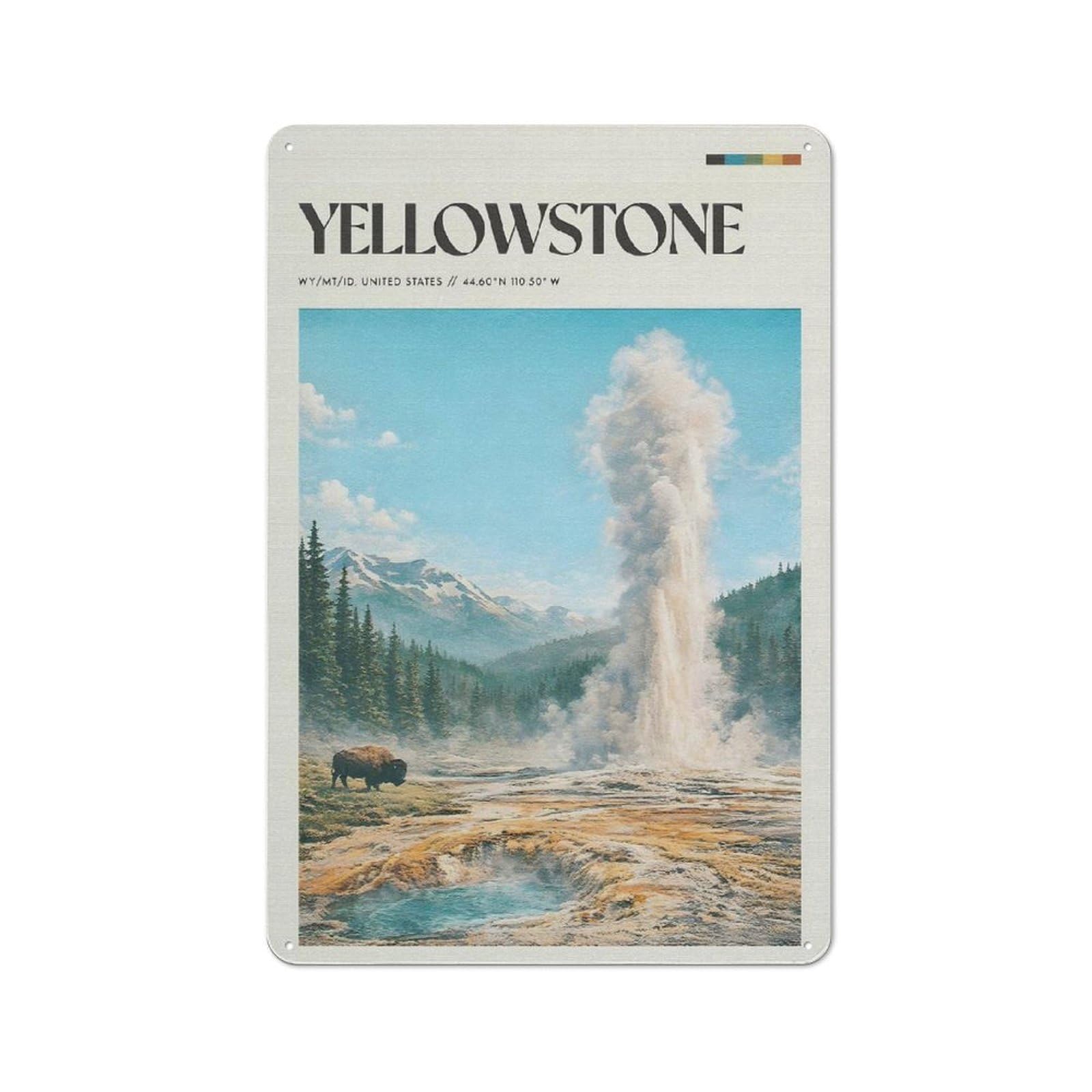 Junmoney Style-16 Tin Wall Plaque 30X20cm With Yellowstone Geyser And Bison For Guest Room Or Hallway, For Garage, Workshop And Man Cave Decoration