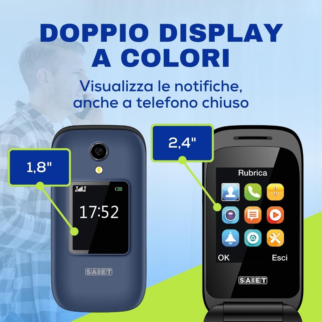 SAIET LIKE MC21 Cellulare Flip con Doppio Display a Colori, Tasti Grandi