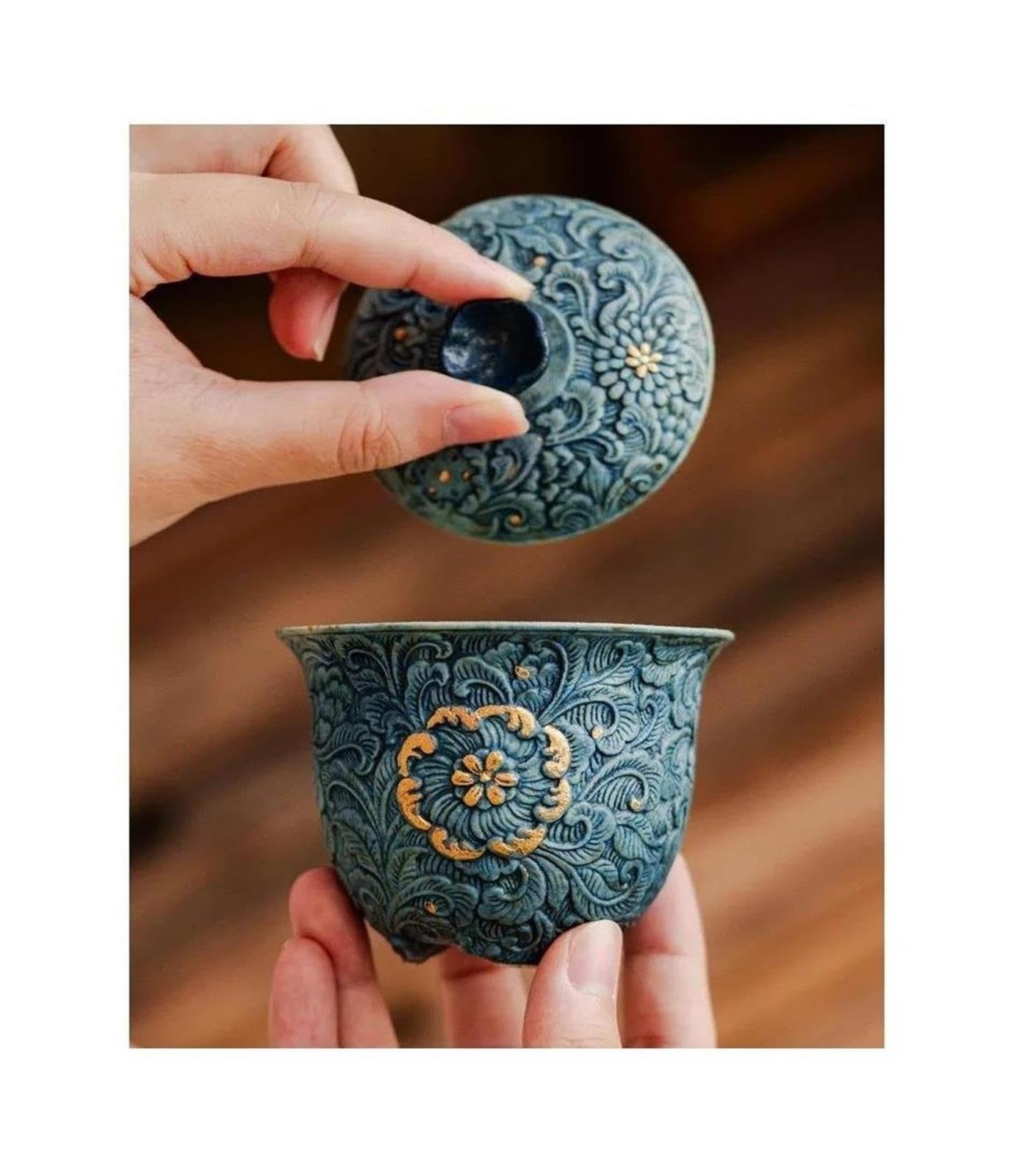 1 tazón de té con tapa en relieve gris-azul dorado