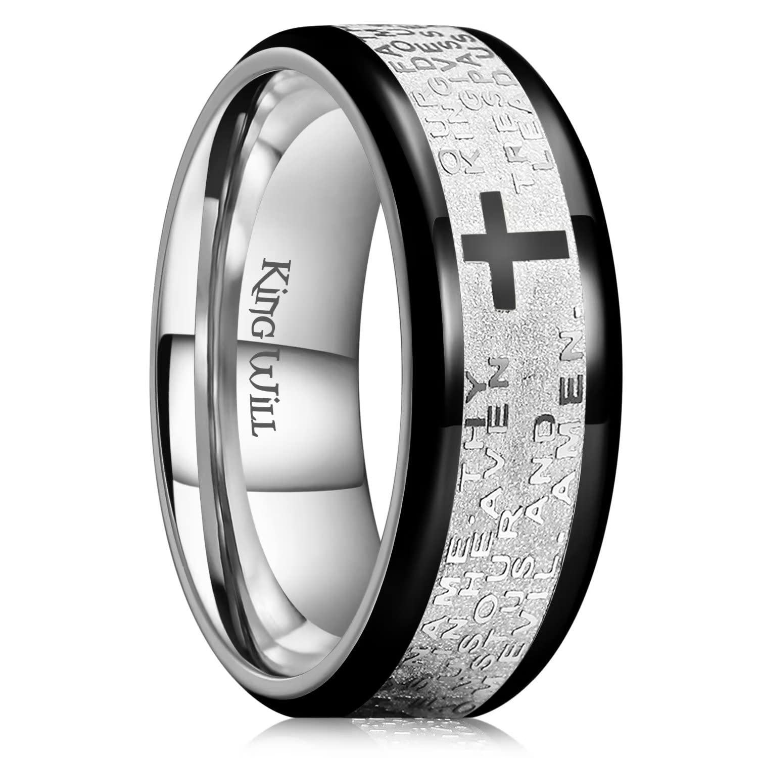 King Will Stainless Steel Men Ring Lord's Prayer Cross Ring Stainless Steel Men Wedding Ring, Wedding Band Bible Engraved Rings High Polished, Comfort Fit
