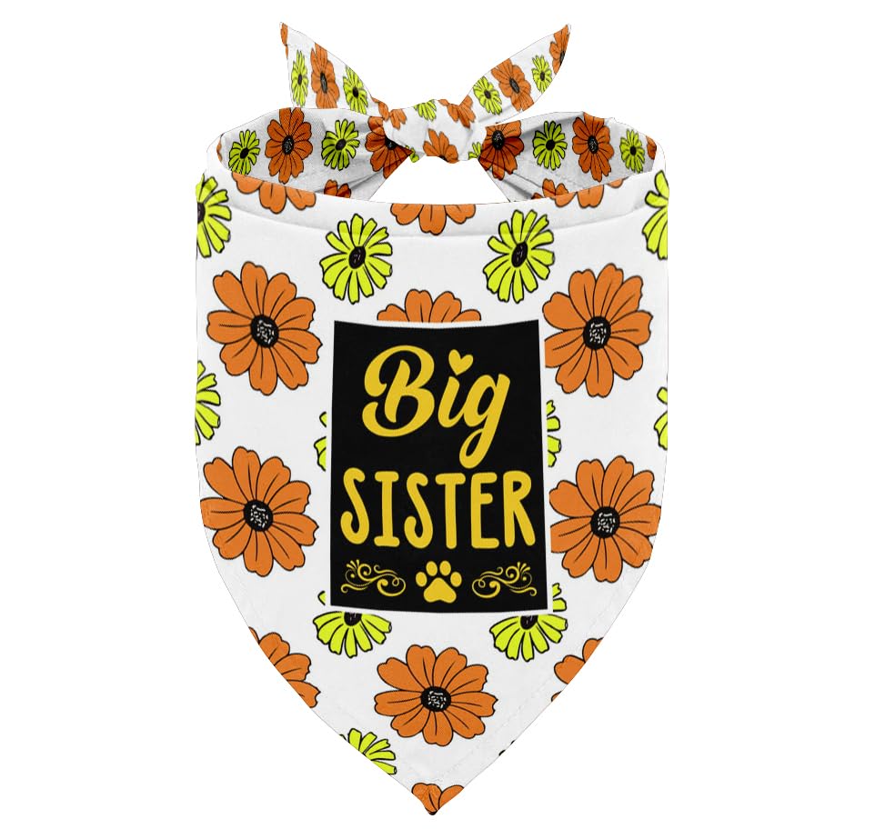 Image of Dog Bandana Big Sister Flower Print Scarf Accessories, Gender Reveal, Yellow/Orange Floral Pet Gift (E29)