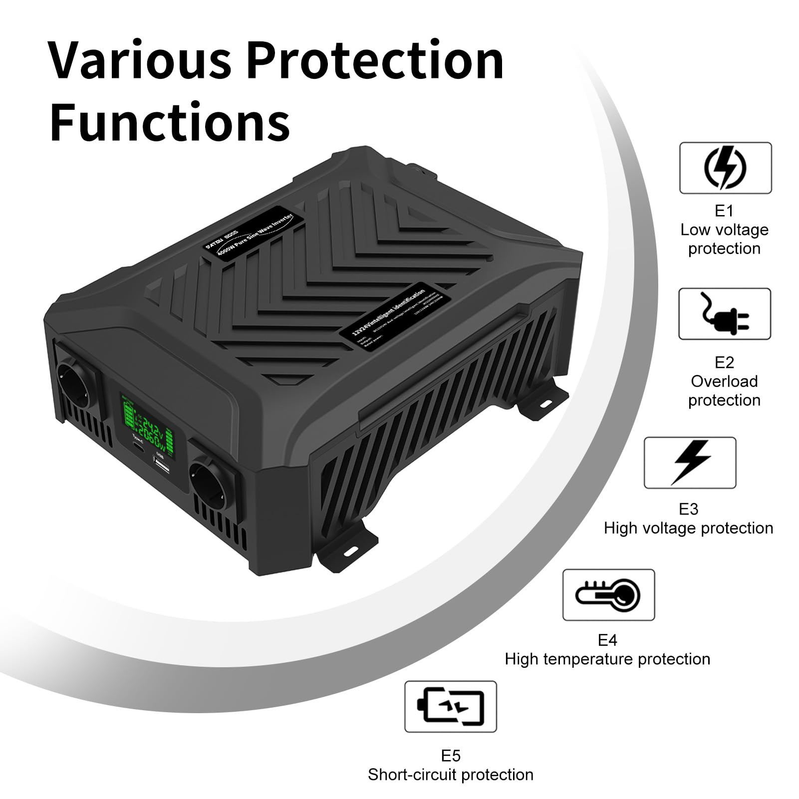 DATOUBOSS Pur Sinus Onduleur 12V/24V vers 220V 230V Convertisseur Universel Double Tension 1200W/2300W avec système de détection Intelligent Puissance de crête 2000W/4000W, Transformateur avec LCD
