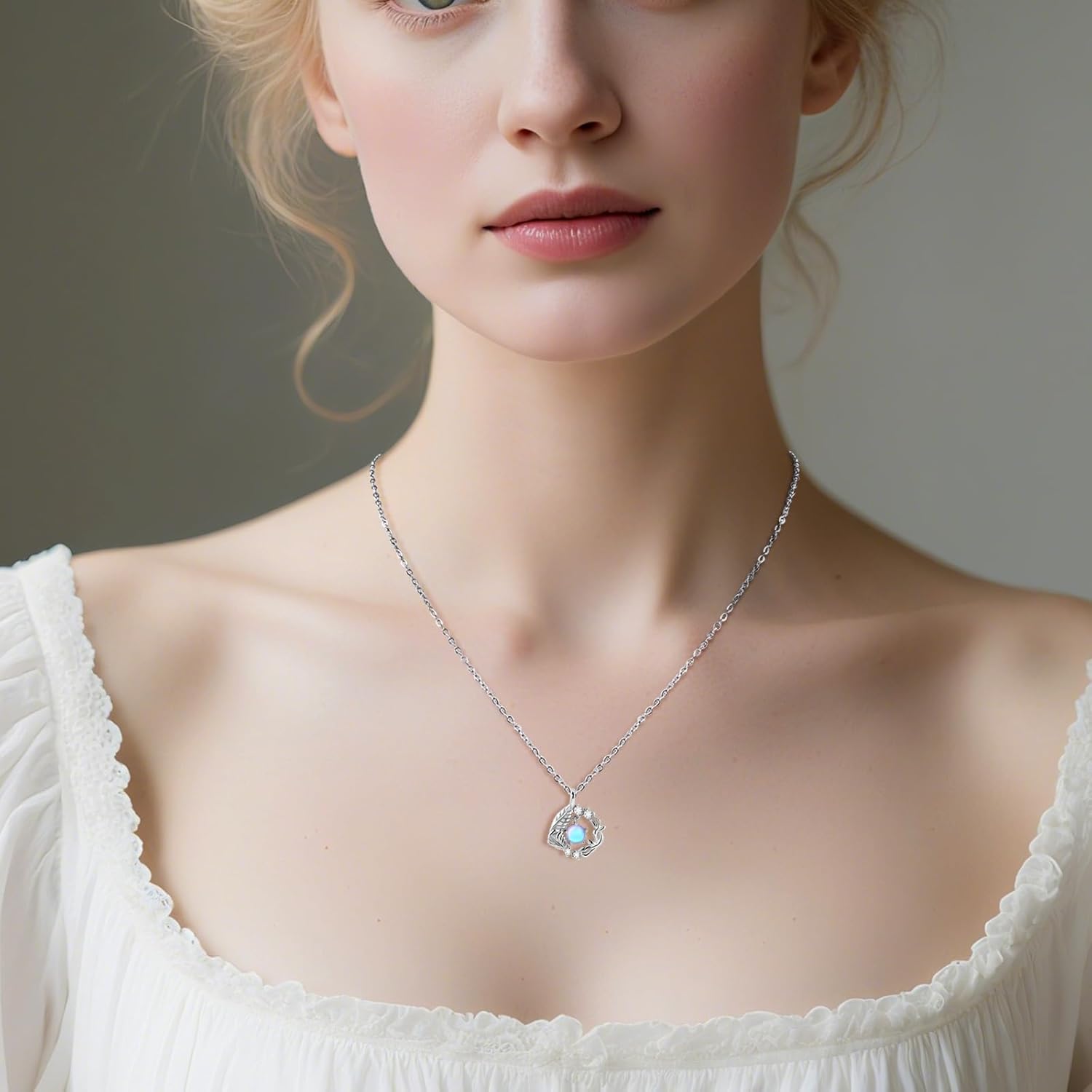Silver Moonstone Pendant Necklace for Women with Leaf and Twig Design Circle Gemstone Birthstone Necklace - Image 2