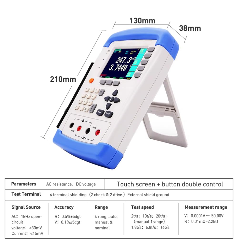 Battery Internal Resistance Tester Digital Battery Tester with Accuracy 0.5% 0.1mΩ-200.0Ω Resistance 0-50V DC Voltage 3200 Digits Display 500 Groups Data Storage USB Interface