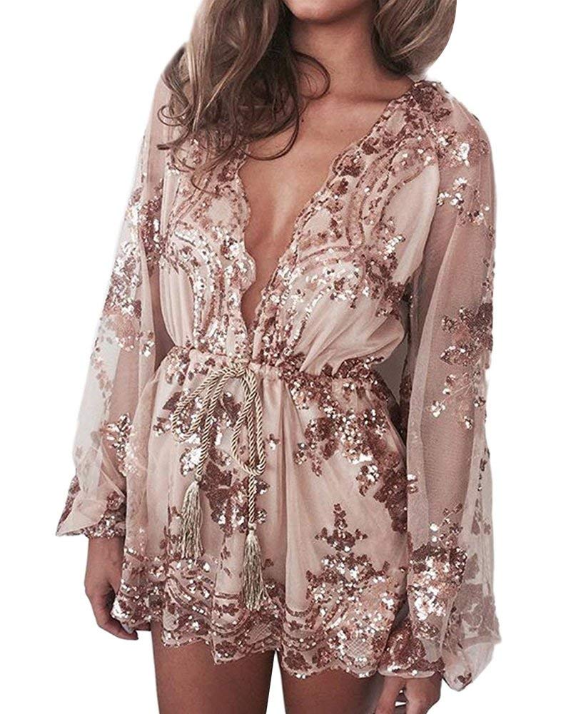Targogo Playsuit Ladies Elegant Chic Longsleeve Neck V Festival Romper Fashion Summer Sequins Glitter Jumpsuits Fashion Cute Cocktail Party Pantsuit Jumpsuit Short