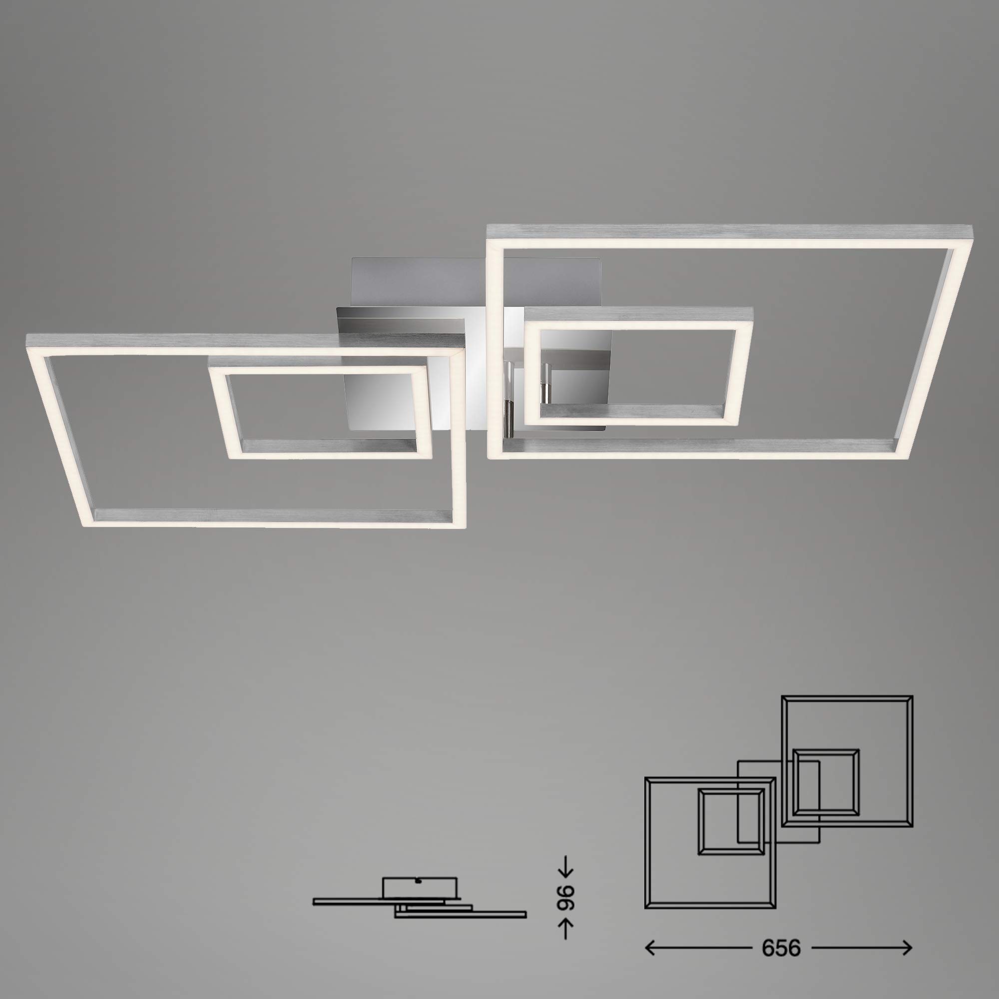 BRILONER Leuchten - LED Deckenleuchte, Deckenlampe dimmbar, inkl. Memoryfunktion, 2 LED-Module drehbar, 43,8 Watt, 3.600 Lumen, 3.000 Kelvin, Chrom-Alu, 656x520x96mm (LxBxH)