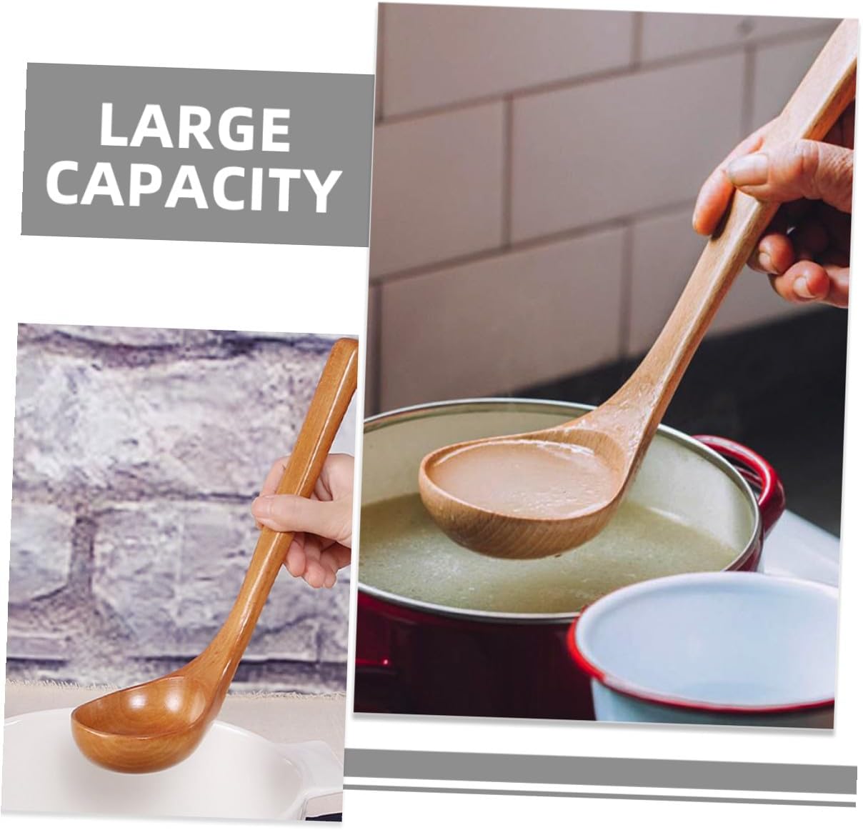 Wooden Soup Ladle Long Handle Large Cooking Spoon Asian Style Noodle Ladle Kitchen Utensil for Serving Soup and Hot Pot Light Wood