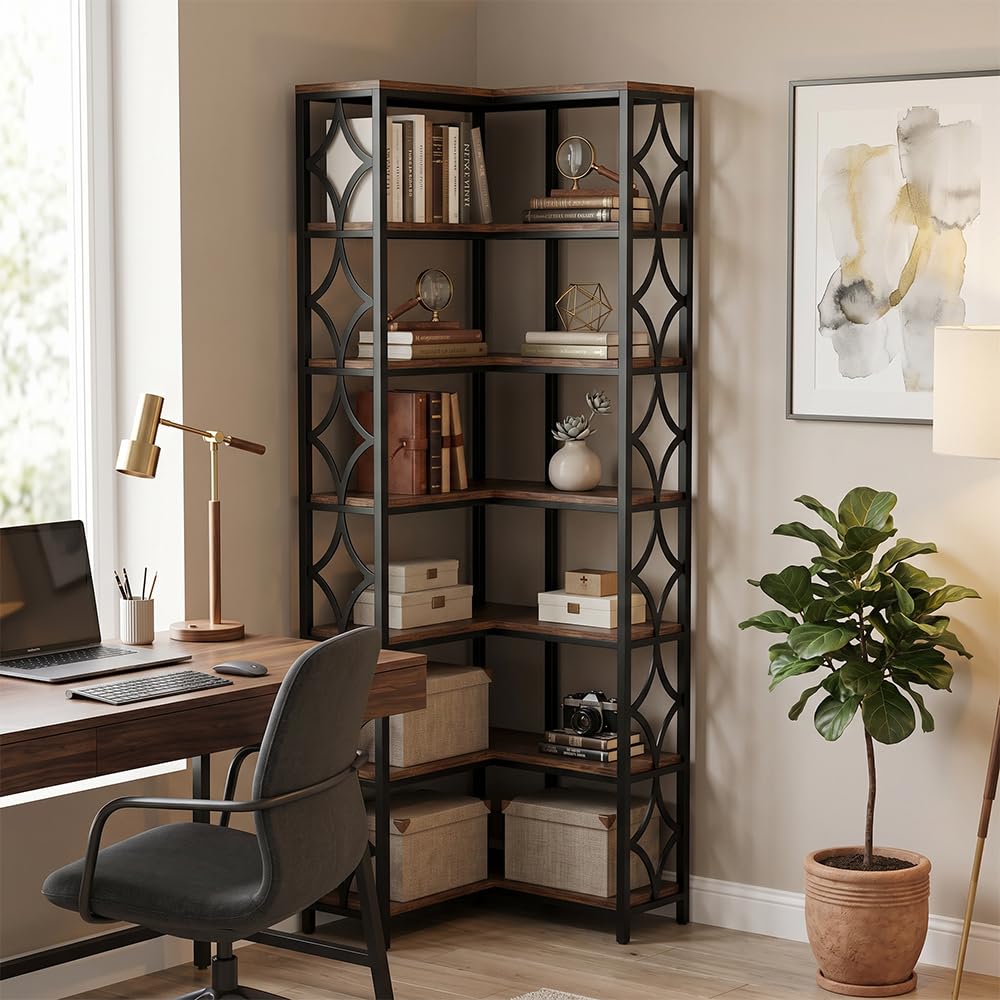 7 Ebenen Eck-Bücherregal Vintage, L-förmiges Regal, 200 cm Hoch, Industrielles Eckregal Stehend, Regal Holz Metall, Standregal für Wohnzimmer, Büro, küche, Schlafzimmer (Braun)
